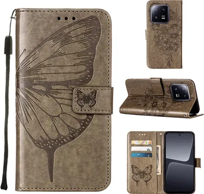 Produktbild von Lederhülle für Xiaomi 13 Pro Schmetterling Prägung Flip Ledertasche Kartenfächer Handyhülle mit Ständer Grau