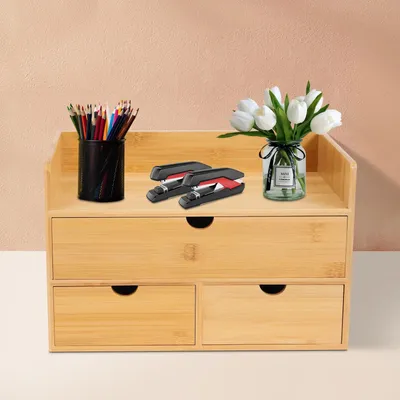 Produktbild von Bambus Schreibtisch-Organizer mit Schublade und Aufbewahrungsbox