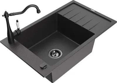Produktbild von Mexen Elias 1 Becken-Granitspüle mit Abtropffläche und Mischbatterie Carla, Schwarz gesprenkelt - 6511-76-670700-70-B