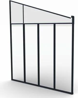 A product shot of a side wall for a patio roof, made of glass panels and an anthracite frame.