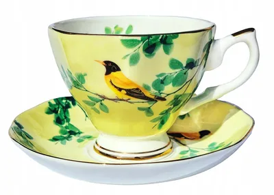 Produktbild von Kaffeetasse aus New Bone China 220 ml – Blumen- und Vogelmotiv, Porzellan Tasse mit Goldrand, Gelb