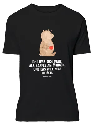 Produktbild von Mr. & Mrs. Panda T-Shirt Bär Morgenkaffee - Schwarz - Geschenk, Valentinstag, in Übergröße, Oversize Shirt, für Partner, Tshirt, Frauen, Freund, Freundin, Hochzeitstag