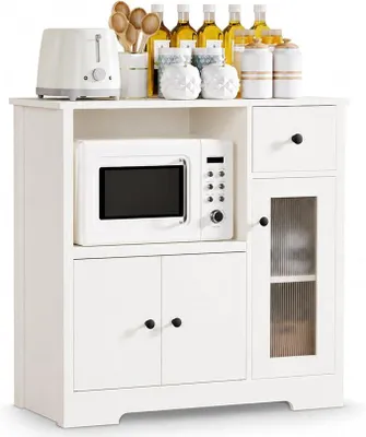 Produktbild von Weiß Küchenschrank mit Arbeitsplatte und Mikrowellenregal: Sideboard mit 1 Schublade und 3 Türen für Küche - Mehrzweckschrank mit Kippschutz für Esszimmer Wohnzimmer