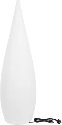 A white, tear-drop shaped lamp with a black power cord and plug is shown against a white background.