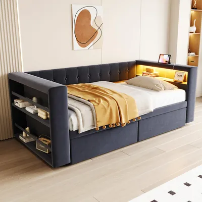 Image de OKWISH Lit Banquette 90x190 cm - Lit Simple avec Éclairage LED, Prise Électrique et Rangement Intégré, Revêtement Flanelle, Couleur Gris Foncé