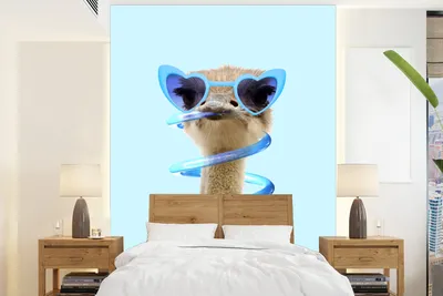 Produktbild von MuchoWow® Fototapete für Wohnzimmer oder Schlafzimmer Wandtapete Vinyl Motivtapete Strauß - Sonnenbrille - Blau - Tiere - 190x260 cm - Papiertapete