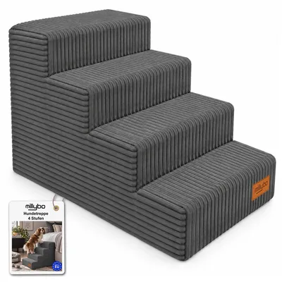 Produktbild von MILLYBO Hundetreppe aus Cord – Haustiertreppe für Hunde & Katzen, 4-stufig, abnehmbarer Bezug: Grau
