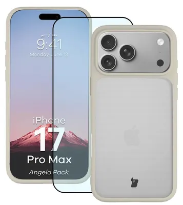 Produktbild von Schutzhülle + gehärtetem Glas für iPhone 17 Pro Max, Bizon Angelo Pack, Semitransparent mit beigem Rahmen
