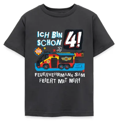 Produktbild von Spreadshirt Feuerwehrmann Sam Geburtstagsdesign 4 Jahre Kinder T-Shirt, 122/128 (7-8 Jahre), Dunkelgrau