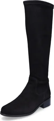 A black knee-high boot is shown against a white background.