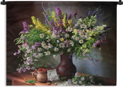 Produktbild von MuchoWow® Wandteppich Wandbehang Blumen - Tisch - Stilleben - Blumenstrauß - Vase 120x90 cm Tapisserie Dekoration Wandtuch - Wohnen - Aufhänger für die Wand
