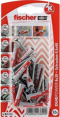 Produktbild von Fischer 534997, Schrauben- und Ankersatz, Nylon, Grau, Rot, Pozidriv, PZ2, 6 mm