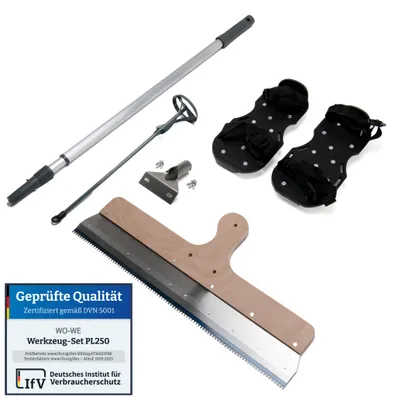 A collection of tools for epoxy resin floor coating, including a squeegee, telescopic pole, mixing paddle, and spiked shoes, laid out on a white background.
