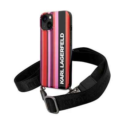 Productafbeelding van Telefoontas Karl Lagerfeld, kleurrijk gestreept, met bandje, geschikt voor iPhone 14 - Roze