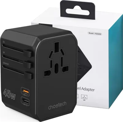 Immagine prodotto di Choetech Pd6045 Usb-C Usb-A 45W Gan Reiseladegerät Mit Us Eu Uk Au Steckern - Schwarz