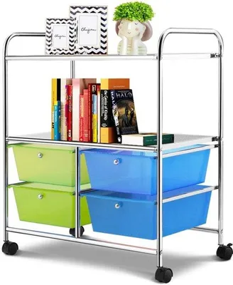 Immagine prodotto di Mobiletto contenitore con 4 cassetti colorati – carrello di stoccaggio in metallo per l'ufficio domestico, dotato di ripiani
