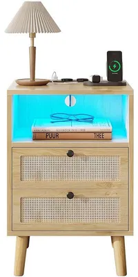Obrázek produktu pro Noční stolek s LED osvětlením a nabíjecí stanicí DJ504170_1, 40 x 35 x 60 cm, přírodní