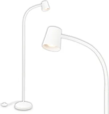 A white floor lamp with a flexible head is shown against a white background. A close-up view of the lamp head is also visible.
