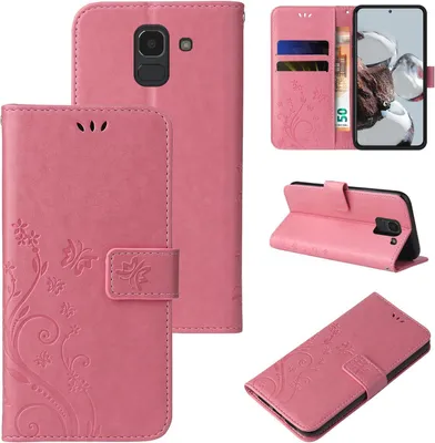 Produktbild von Handyhülle für Samsung Galaxy J6 Floral Blumen Schmetterling Flip Cover Hülle Case Klapphülle Handytasche Farbe: Rosegold