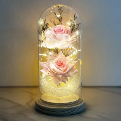 Künstliche Ewige Rose in Glaskuppel mit LED-Licht, 1 Stück, 18 cm