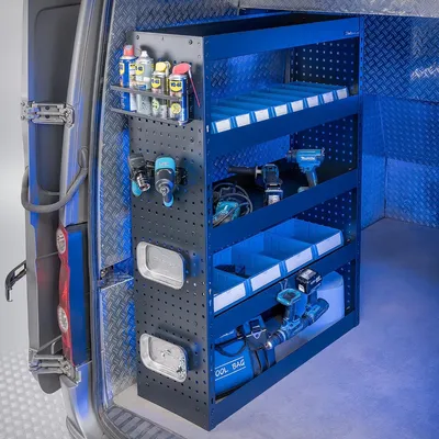 Produktbild von Fahrzeugeinrichtung – 105 × 39 × 145 cm – Einbauschrank + 4 Fachböden + 13 Boxen