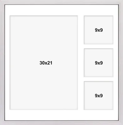 Produktbild von aFFa frames Tisar, Bilderrahmen aus Holz, Acrylglasfront, Mehrfach Bilderrahmen, Bildergalerie, Fotogalerie mit Passepartout, 4 Foto-Ausschnitten für 1 Foto 30x21 cm und 4 Fotos 9x9 cm Silber, 40x40 cm