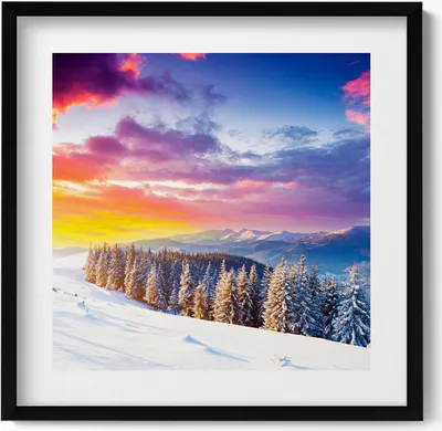 Produktbild von Winterliche Berglandschaft– Wandbild mit Rahmen – Gerahmtes Bild  – Wanddekoration – 50x50 cm –  Schwarz Rahmen