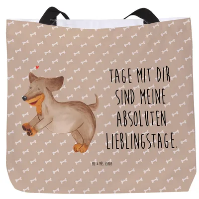Produktbild von Mr. & Mrs. Panda Tote Bag Hund Dackel - Hundeglück - Geschenk, Laptoptasche, Reisetasche, Beutel, Herz, Hunderasse, Stoffbeutel, Dachshund, Tasche, Hunde