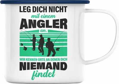 Produktbild von Trendation - Angler Emaille Tasse Geschenk für Männer Spruch Lustig für Fischer Geschenkidee Angeln Becher (Blau)