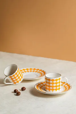 Produktbild von Hermia Concept, Hochwertiges Kaffeetassen-Set (4 Teile) - 100% Porzellan, Weiß/Gold/Orange