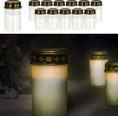 Produktbild von LED Grablicht 12er Set weiß 12cm Kerzenflackern batteriebetrieben Friedhofskerze Kerze Grablampe Grabkerze