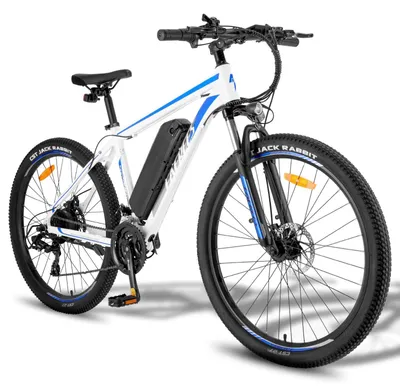 Immagine prodotto di F28 MT E-Bike - Mountain bike - Motore da 250 W, batteria da 36 V e 15 Ah - Autonomia 55–65 km - Display LCD - Pneumatici da 70 cm - Bianco e blu