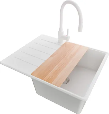 Produktbild von PRIMAGRAN Granitspüle Alles Weiß 62x50cm, Spülbecken 1 Becken + Ablauf-Set + Küchenzubehörset, Küchenspüle ab 45er Unterschrank - Kopenhagen