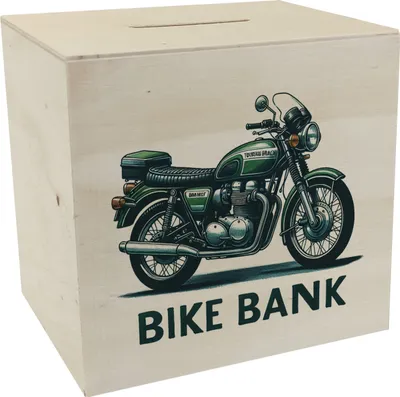 Produktbild von Retro Touring Motorrad Spardose aus Holz mit Spruch Bike Bank