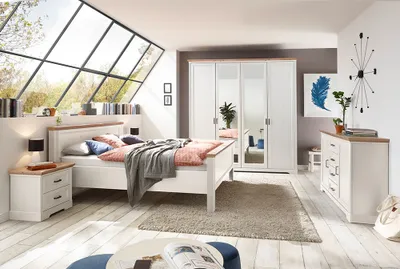 Produktbild von Schlafzimmer Set 5-teilig Bett 160x200cm Pinie weiß mit Eiche JÜLICH-77
