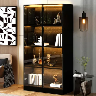 Produktbild von Flieks moderner Schrank mit LED, Vitrine 70x40x160 cm, Highboard Bücherschrank mit 2 Glastüren, Wohnzimmer Büro Badezimmer, schwarz
