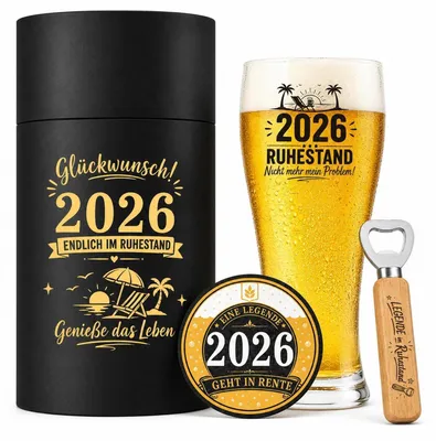 Productafbeelding van Biercadeauset voor pensionering 2026: witbierglas, onderzetters, flesopener, cadeauverpakking