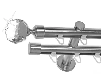 Produktbild von Innenlauf Gardinenstange Edelstahl Look 20mm Wandträger 2-läufig Zylinder Kristall Kugel, Länge wählbar H40 E87E30