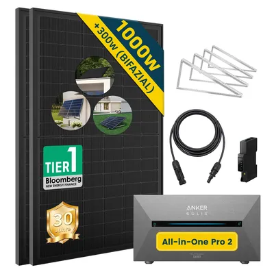 Produktbild von Balkonkraftwerk mit Speicher Anker Solix Solarbank 2 E1600 PRO, 1000W + Flachdach Halterung