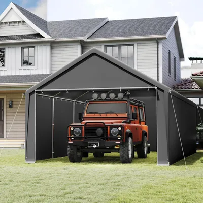 Produktbild von Lagerzelt Carport 4x8m Grau Stahlgestell verzinkt PE Plane 200g/m² wasserdicht UV-Schutz inkl. Seitenplanen