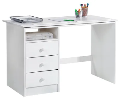 Zdjęcie produktu dla Biurko dziecięce KEVIN, wykonane z drewna sosnowego, w białym kolorze, eleganckie biurko dla ucznia z regulacją kąta nachylenia, praktyczne biurko z 3 szufladami i półką