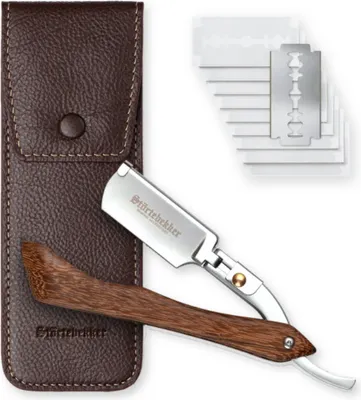 Produktbild von Störtebekker® Rasiermesser mit Holzgriff im handgefertigten Leder-Etui (Café) - Rasier-Set mit 10 Rasierklingen, Reise-Etui - Wechselklinge Messer