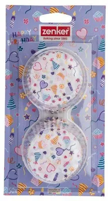 Immagine prodotto di Zenker Pirottini di carta per muffin Happy Birthday  Set da 50 pezzi  Pirottini colorati con motivo di compleanno per feste e altro ancora