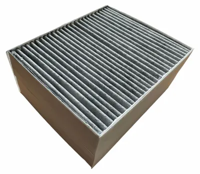 A single activated carbon filter for a range hood is shown from a slightly elevated angle against a white background.