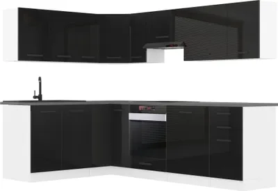 Produktbild von Belini Küchenzeile Küchenblock Küche L-Form JANET Küchenmöbel mit Griffe, Einbauküche ohne Elektrogeräten mit Hängeschränke und Unterschränke, mit Arbeitsplatten, Schwarz Hochglanz