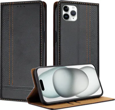 Produktbild von Handyhülle für iPhone 11 Pro Max Leder Flip Klappbare Schutzhülle mit Standfunktion Schwarz