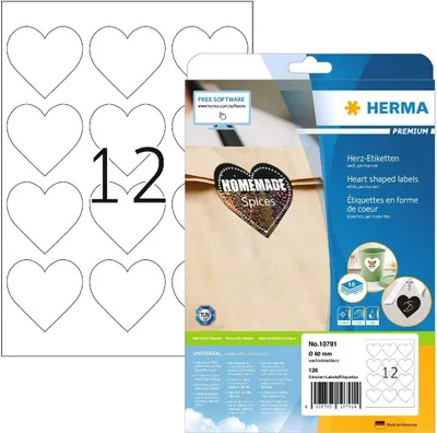 Obrázek produktu pro HERMA 10791, Bílá, Srdce, Permanentní, 60 mm, Univerzální, Papír