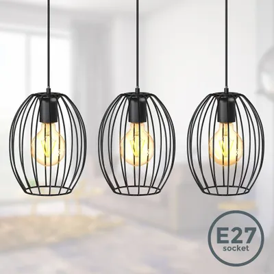 Immagine prodotto di B.K.Licht Lampadario vintage, adatto per 3 lampadine E27 non incluse, largo 70cm, alto 112cm, lampada a sospensione con paralumi a filo, metallo nero