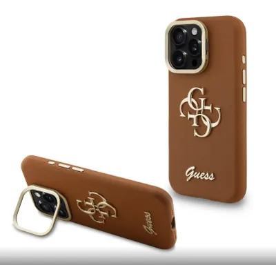 Produktbild von Guess Hülle 4G Logo Stand Kamerarahmenhülle für iPhone 15 Braun Schutzhülle