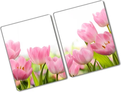 Produktbild von Tulup Glas Herdabdeckplatte - 2x40x52 cm - Glaskeramikkochfeld-Abdeckung Spritzschutz Glasabdeckplatte Kochplattenabdeckung und Schneidebrett - Zweiteilig - Blumen & Pflanzen - Rosa Tulpen - Rosa
